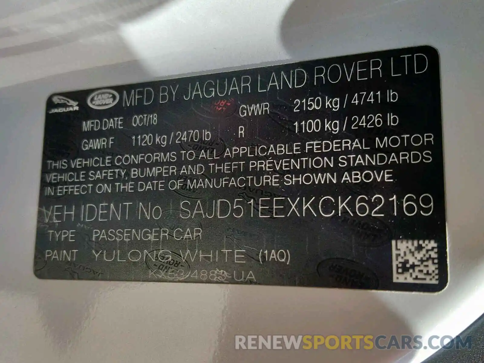 10 Photograph of a damaged car SAJD51EEXKCK62169 JAGUAR F-TYPE 2019