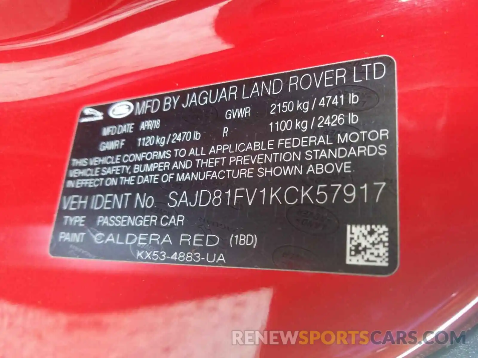 10 Photograph of a damaged car SAJD81FV1KCK57917 JAGUAR F-TYPE 2019