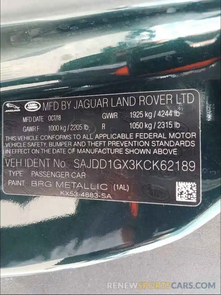 10 Photograph of a damaged car SAJDD1GX3KCK62189 JAGUAR F-TYPE 2019