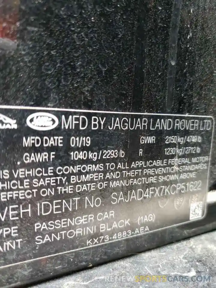 10 Photograph of a damaged car SAJAD4FX7KCP51622 JAGUAR XE 2019