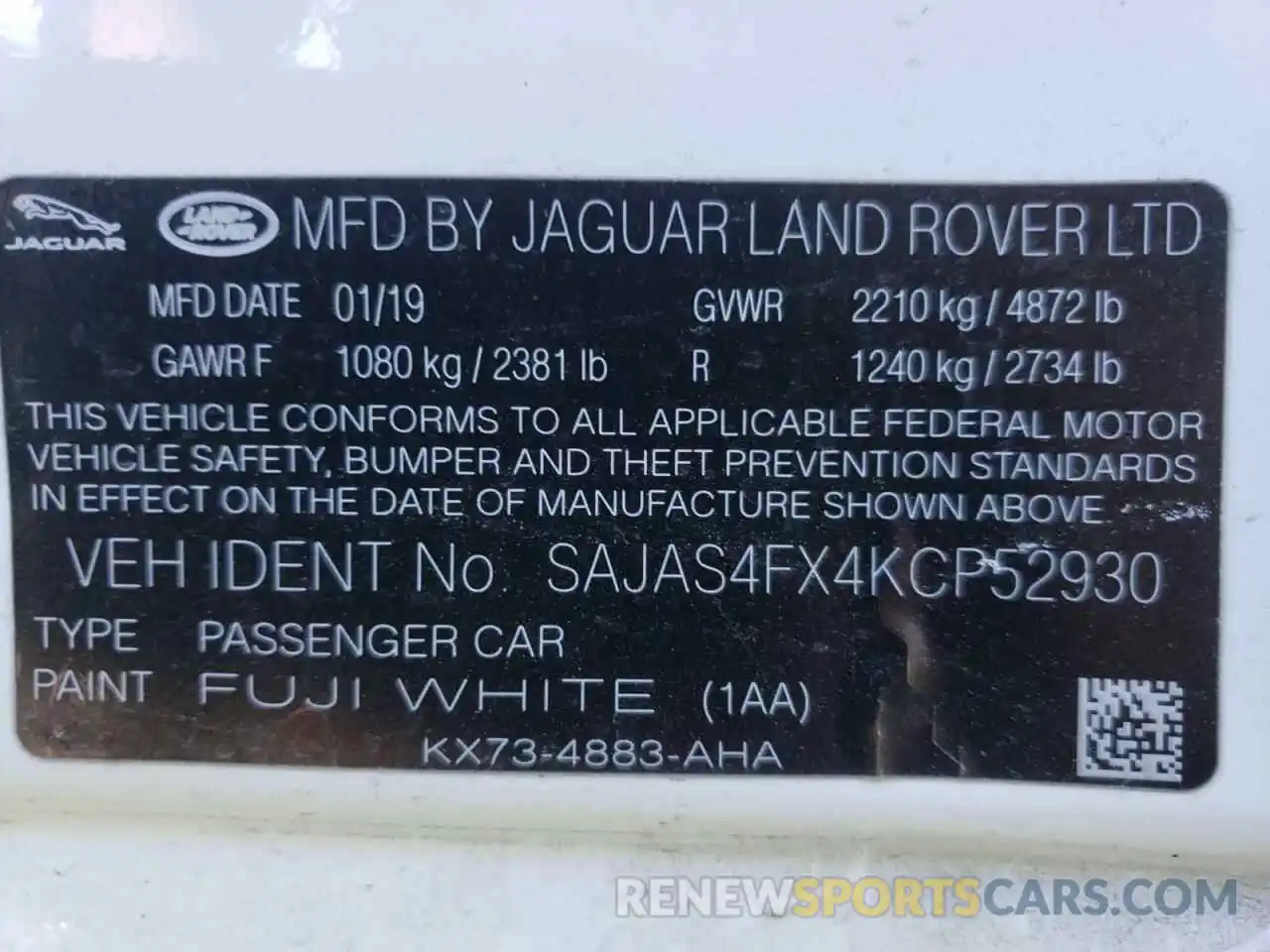 10 Photograph of a damaged car SAJAS4FX4KCP52930 JAGUAR XE 2019