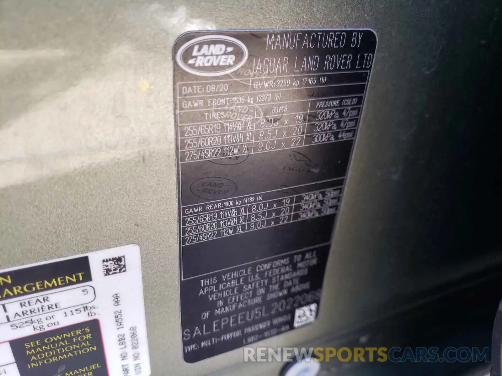 10 Photograph of a damaged car SALEPEEU5L2022068 LAND ROVER DEFENDER 2020