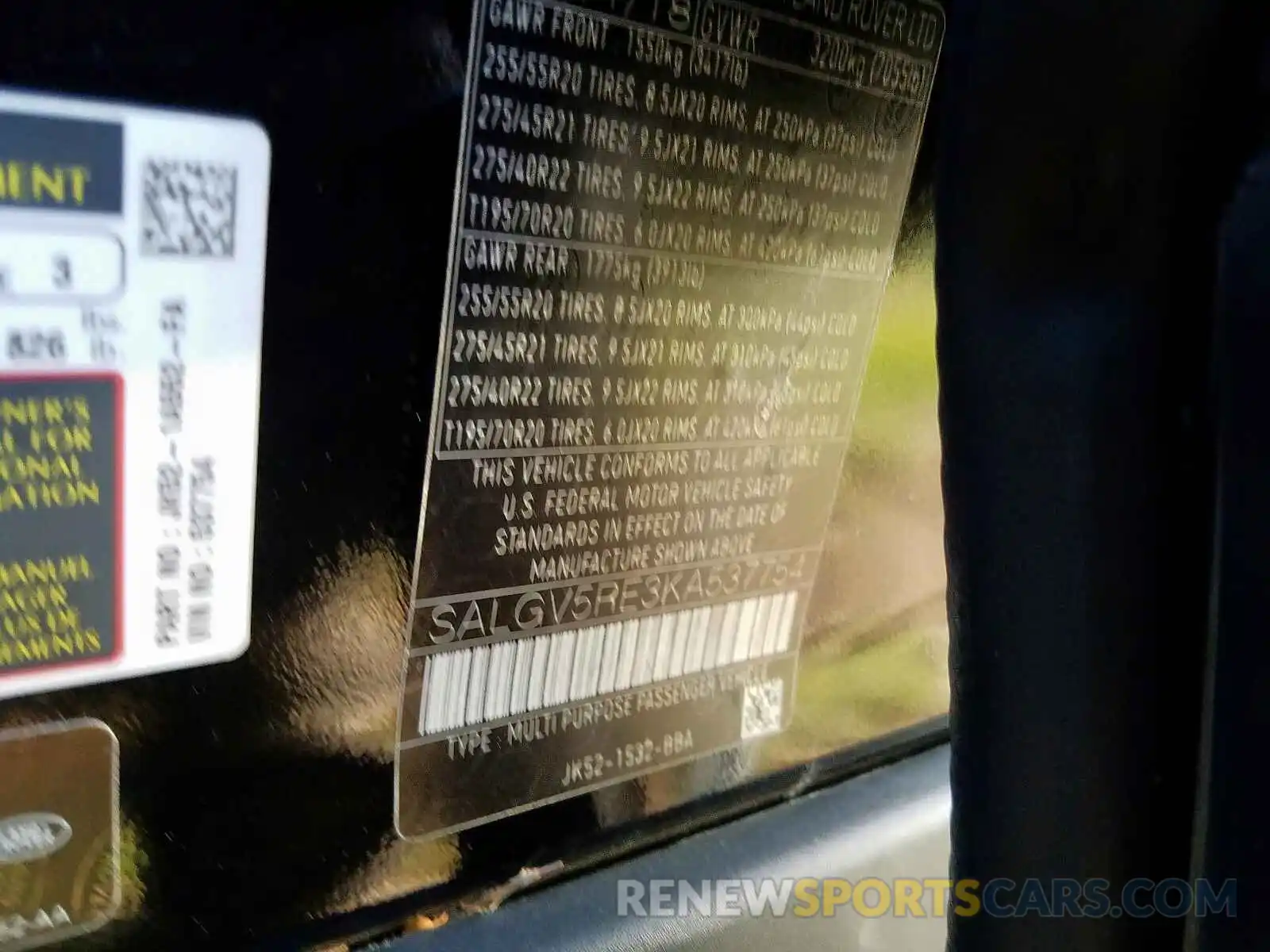 10 Photograph of a damaged car SALGV5RE3KA537754 LAND ROVER RANGE ROVE 2019