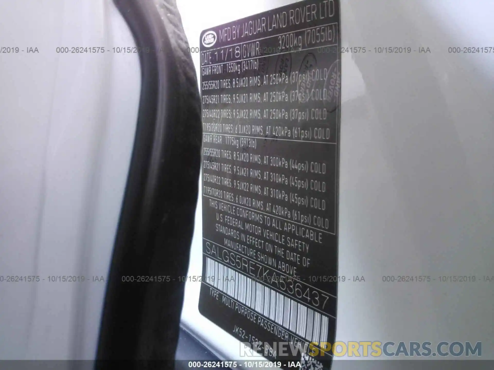 9 Photograph of a damaged car SALGS5RE7KA536437 LAND ROVER RANGE ROVER 2019