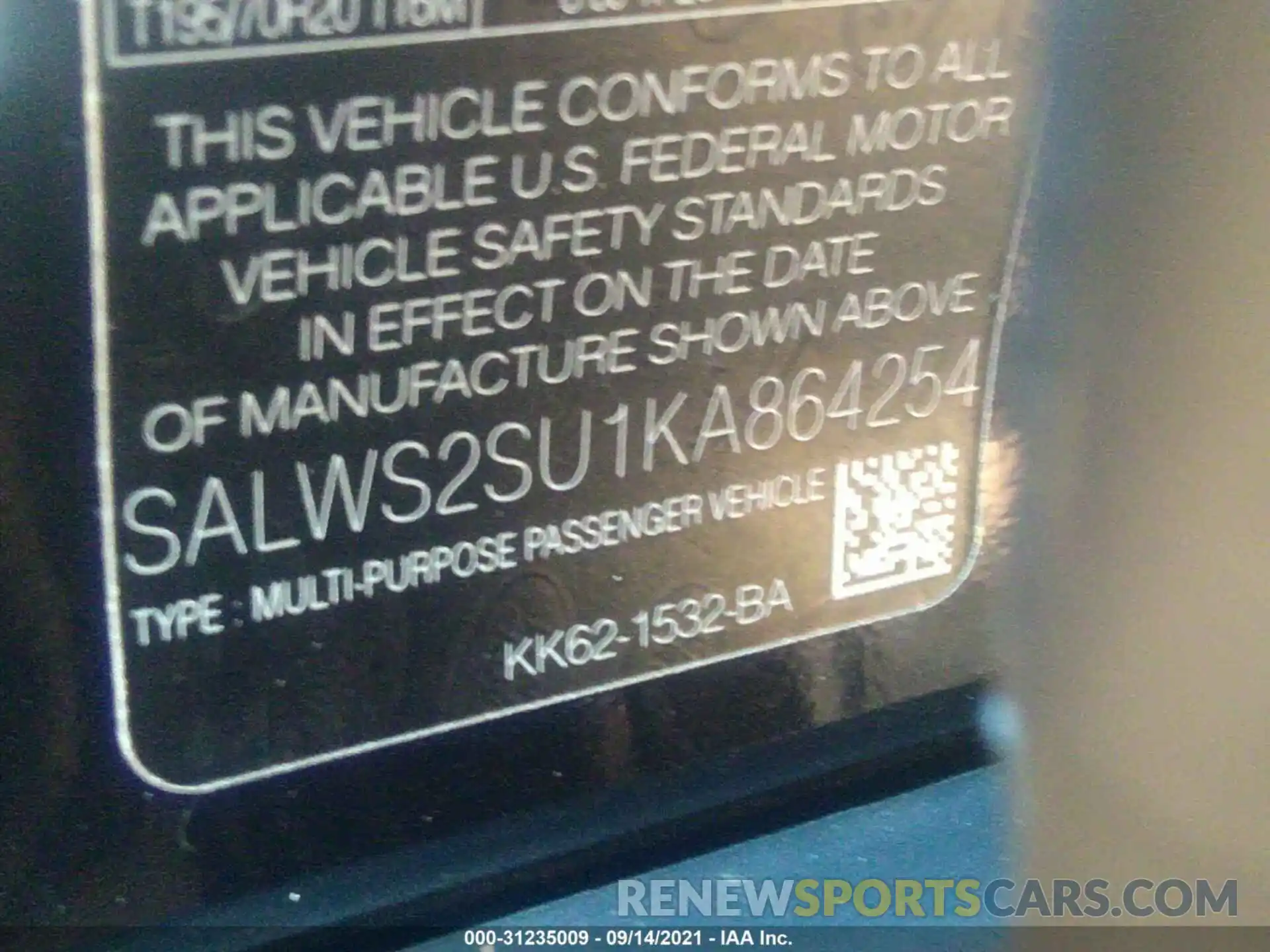 9 Photograph of a damaged car SALWS2SU1KA864254 LAND ROVER RANGE ROVER SPORT 2019