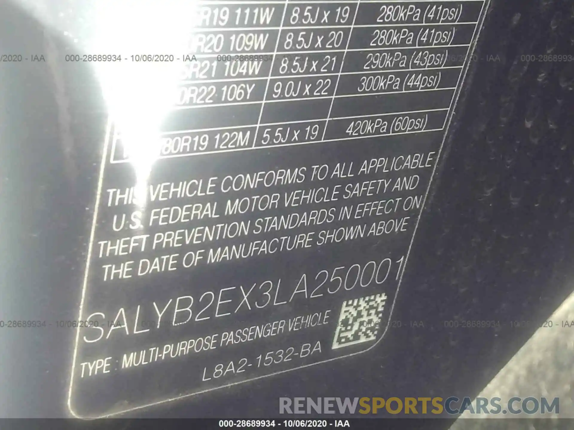 9 Photograph of a damaged car SALYB2EX3LA250001 LAND ROVER RANGE ROVER VELAR 2020