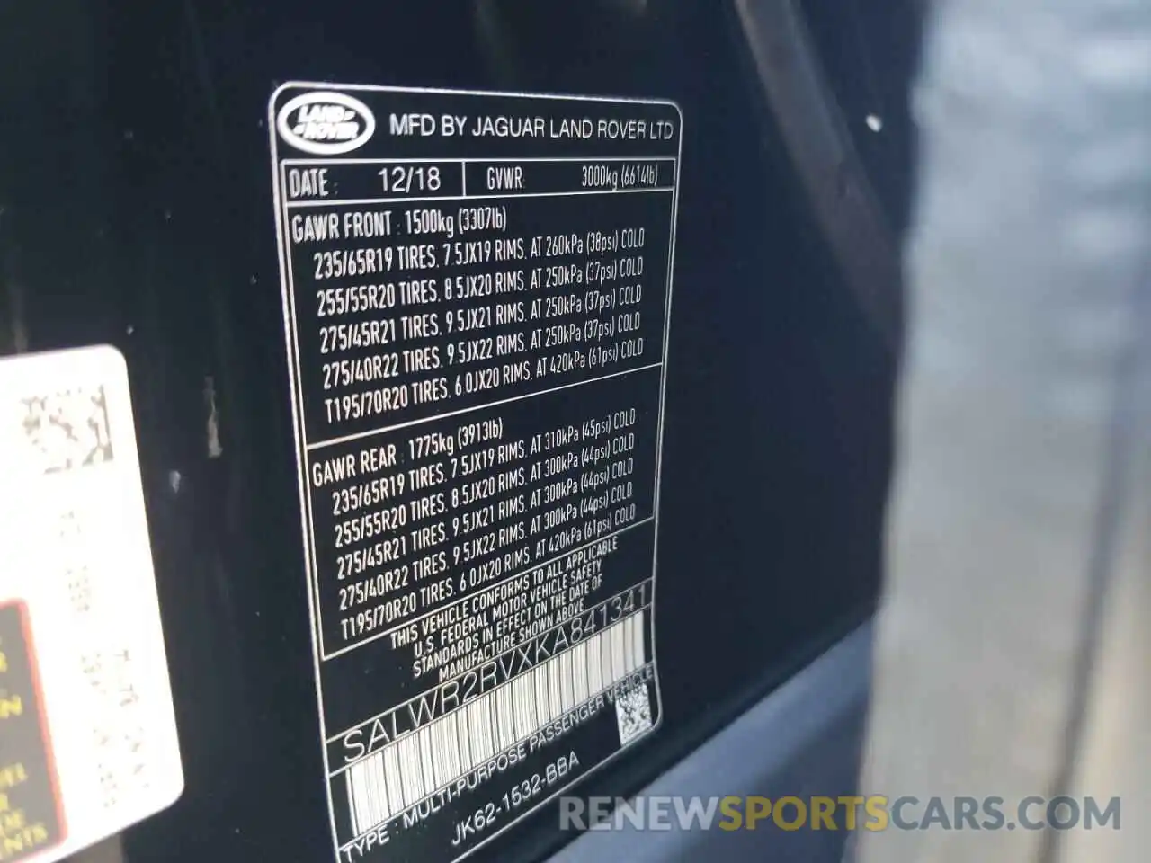 10 Photograph of a damaged car SALWR2RVXKA841341 LAND ROVER RANGEROVER 2019