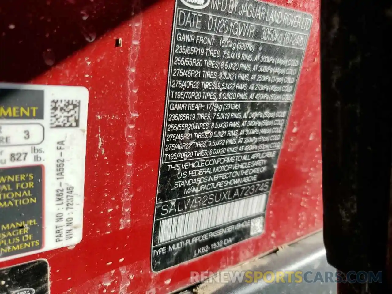 13 Photograph of a damaged car SALWR2SUXLA723745 LAND ROVER RANGEROVER 2020