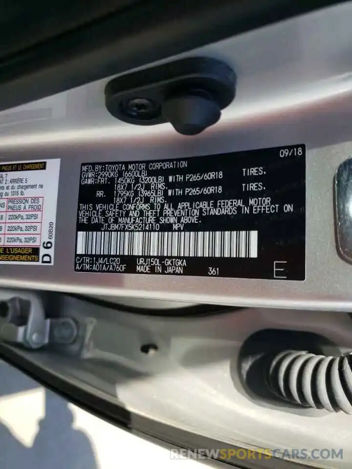 10 Photograph of a damaged car JTJBM7FX5K5214110 LEXUS GX 2019