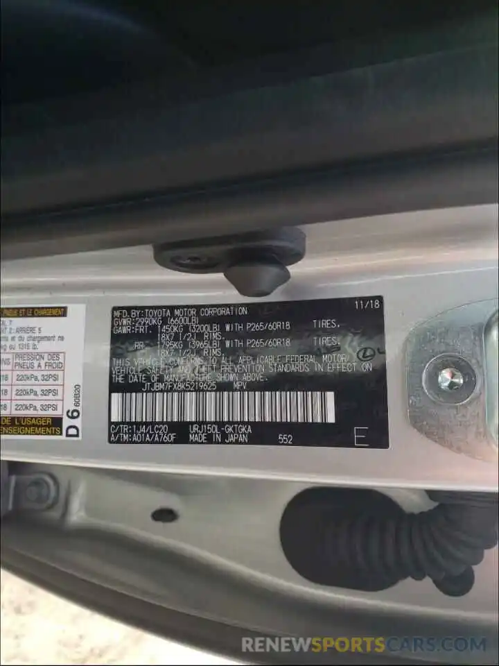 10 Photograph of a damaged car JTJBM7FX8K5219625 LEXUS GX 2019