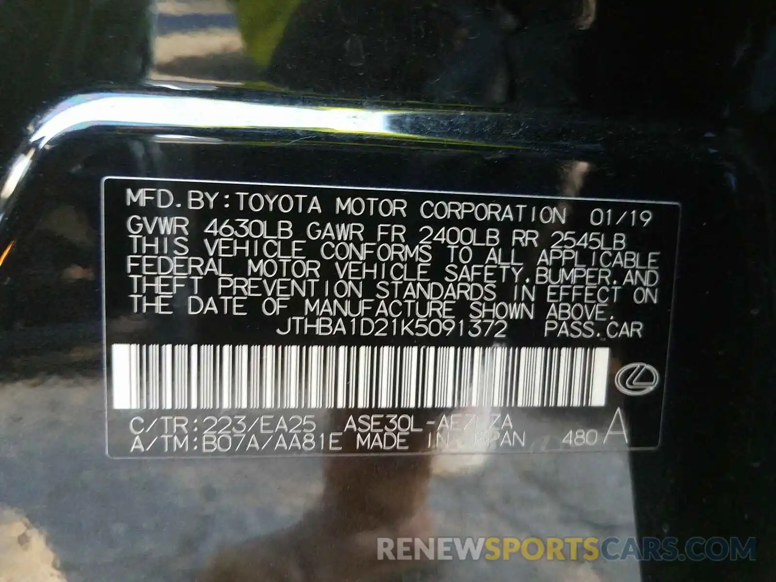 10 Photograph of a damaged car JTHBA1D21K5091372 LEXUS IS 2019