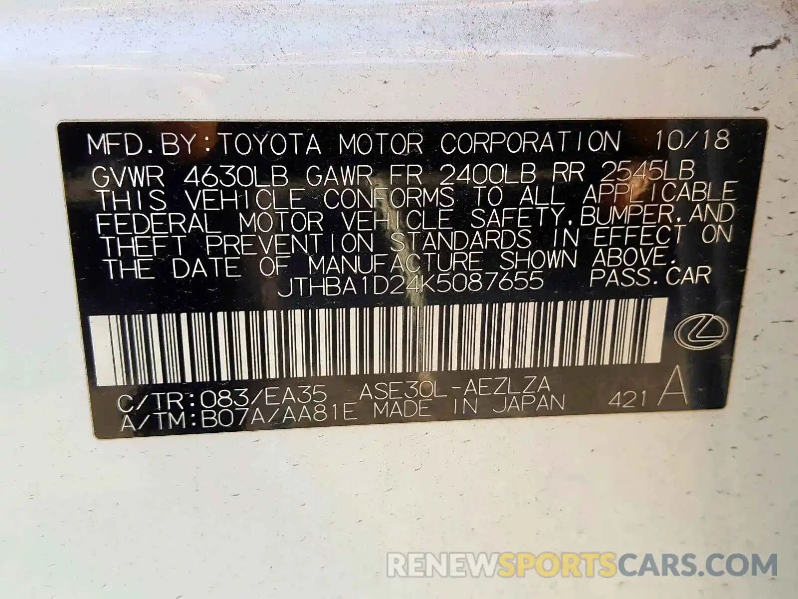 10 Photograph of a damaged car JTHBA1D24K5087655 LEXUS IS 2019