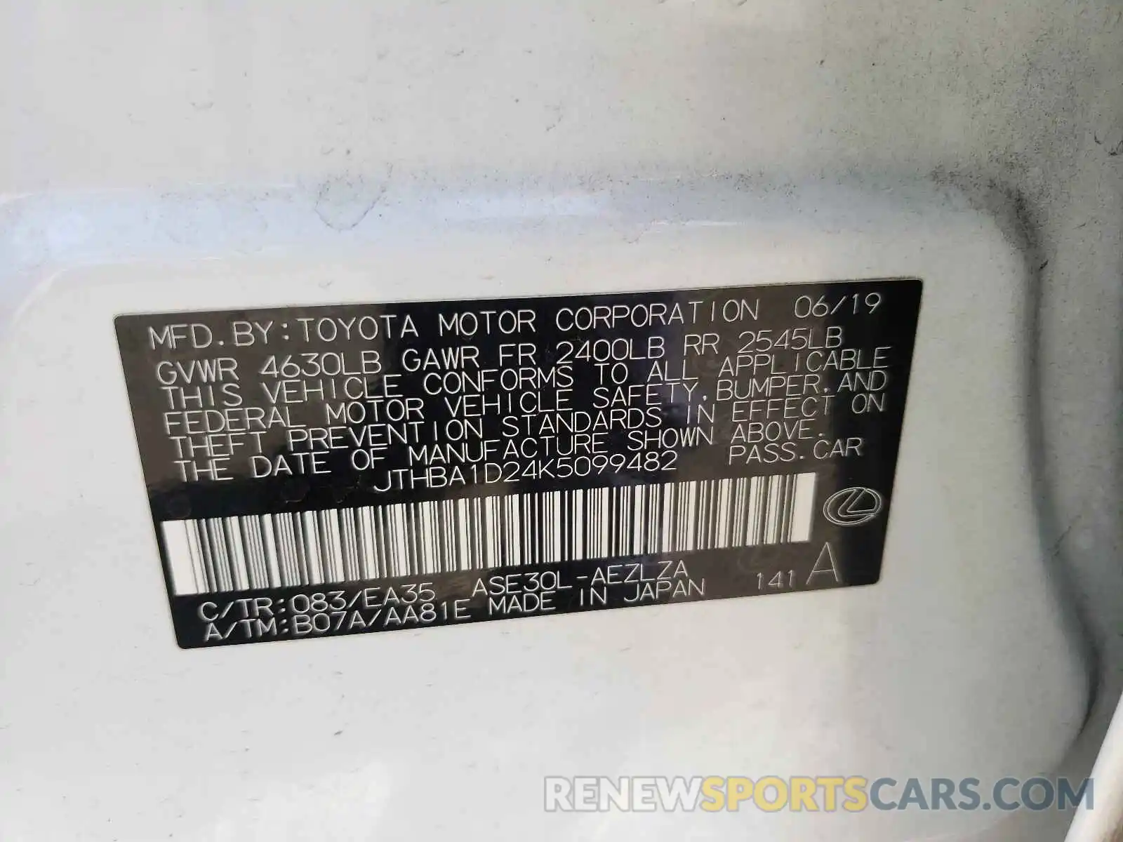 10 Photograph of a damaged car JTHBA1D24K5099482 LEXUS IS 2019