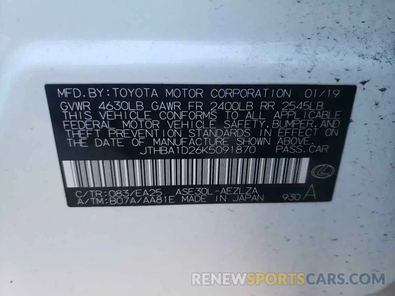 10 Photograph of a damaged car JTHBA1D26K5091870 LEXUS IS 2019