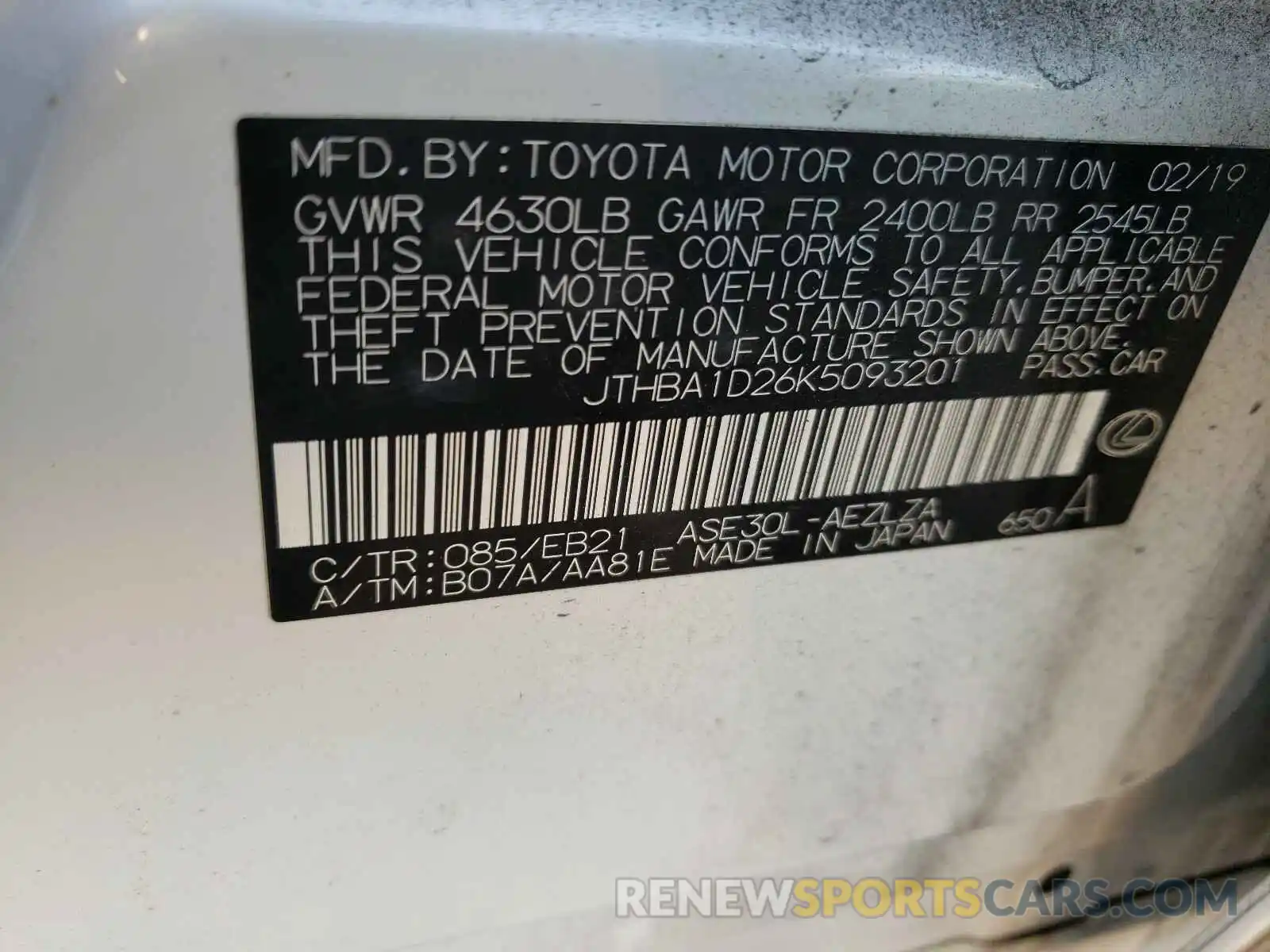 10 Photograph of a damaged car JTHBA1D26K5093201 LEXUS IS 2019