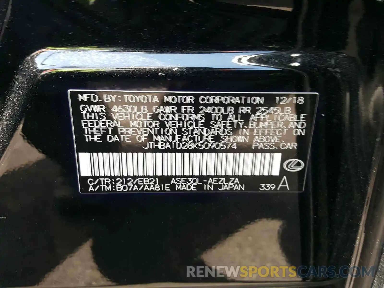 10 Photograph of a damaged car JTHBA1D28K5090574 LEXUS IS 2019