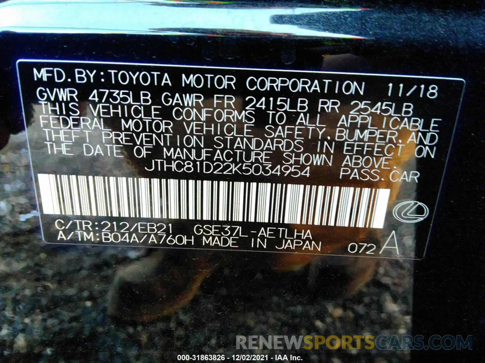 9 Фотография поврежденного автомобиля JTHC81D22K5034954 LEXUS IS 2019