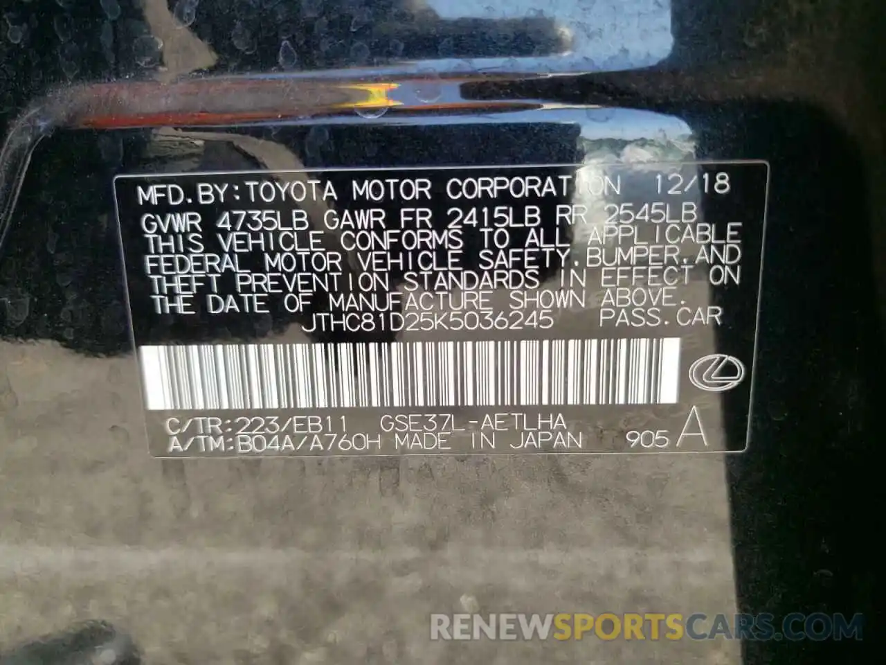 10 Photograph of a damaged car JTHC81D25K5036245 LEXUS IS 2019