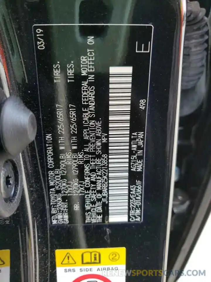 10 Photograph of a damaged car JTJBARBZ5K2213858 LEXUS NX 2019