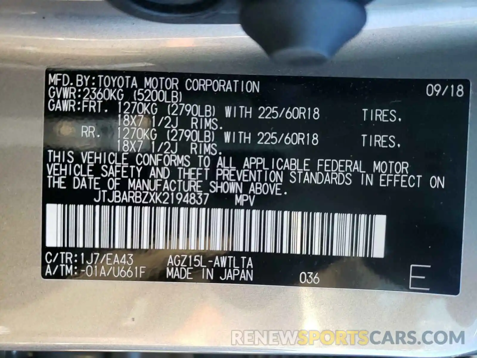 10 Photograph of a damaged car JTJBARBZXK2194837 LEXUS NX 2019