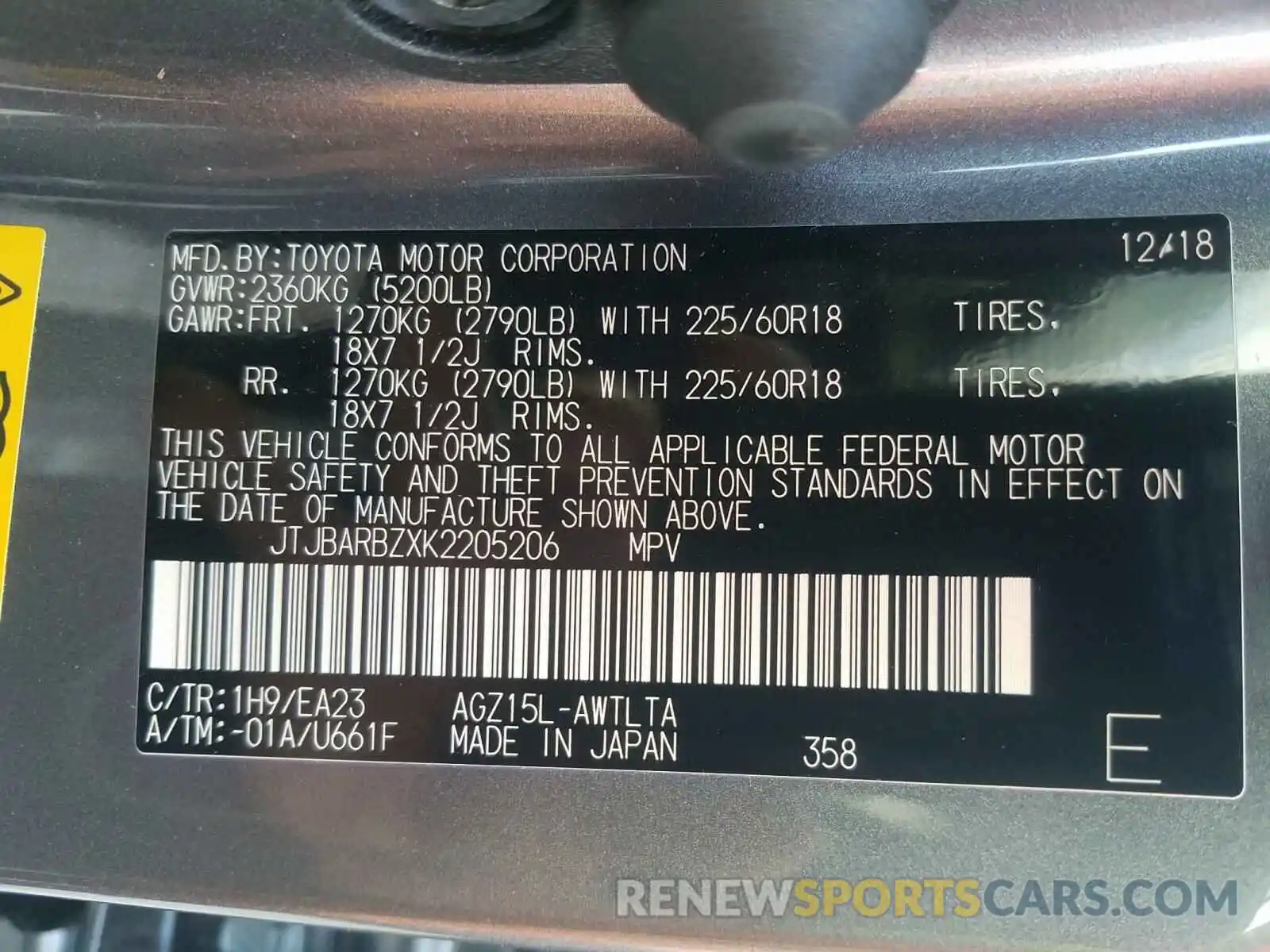 10 Photograph of a damaged car JTJBARBZXK2205206 LEXUS NX 2019