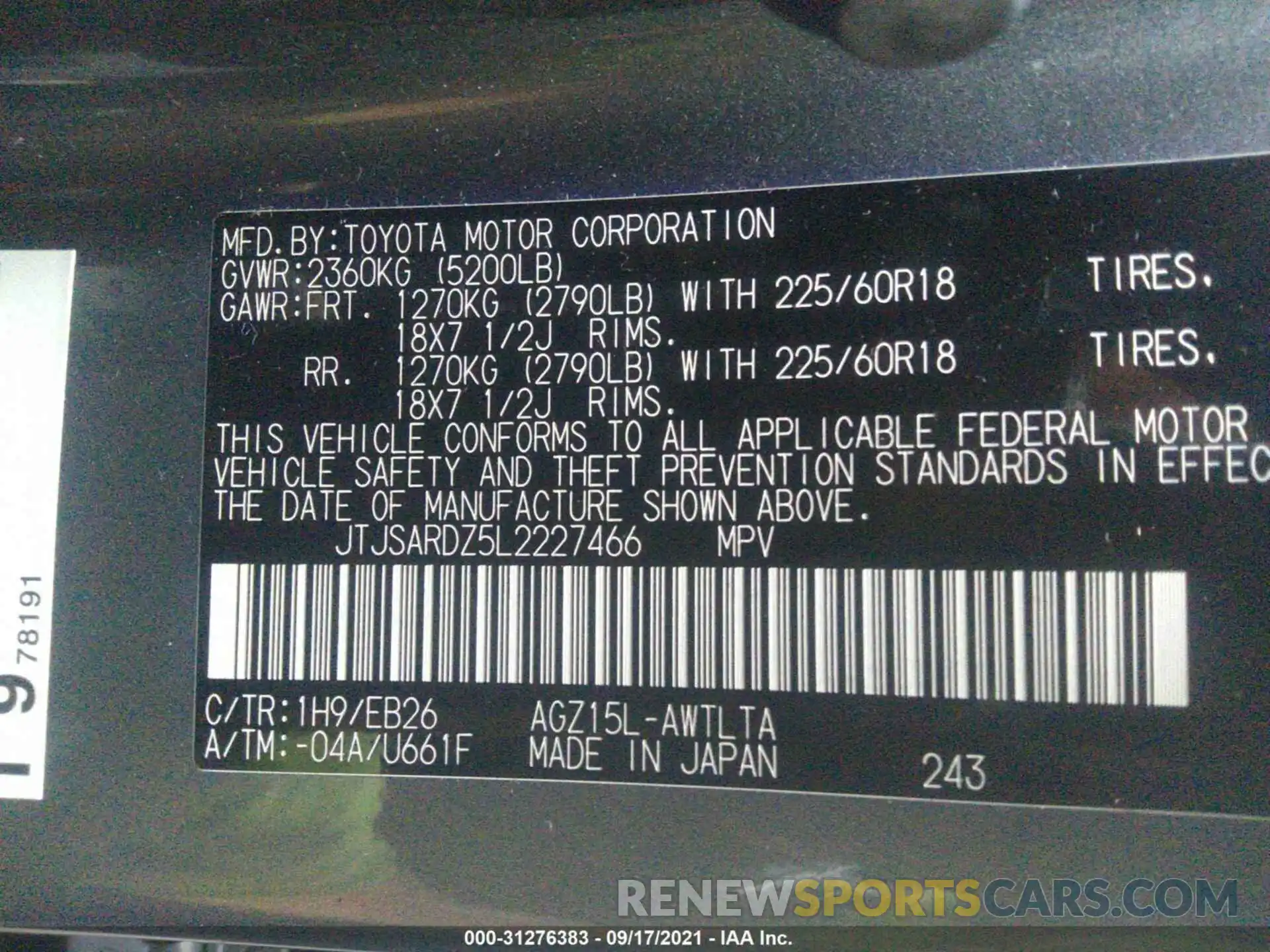 9 Photograph of a damaged car JTJSARDZ5L2227466 LEXUS NX 2020