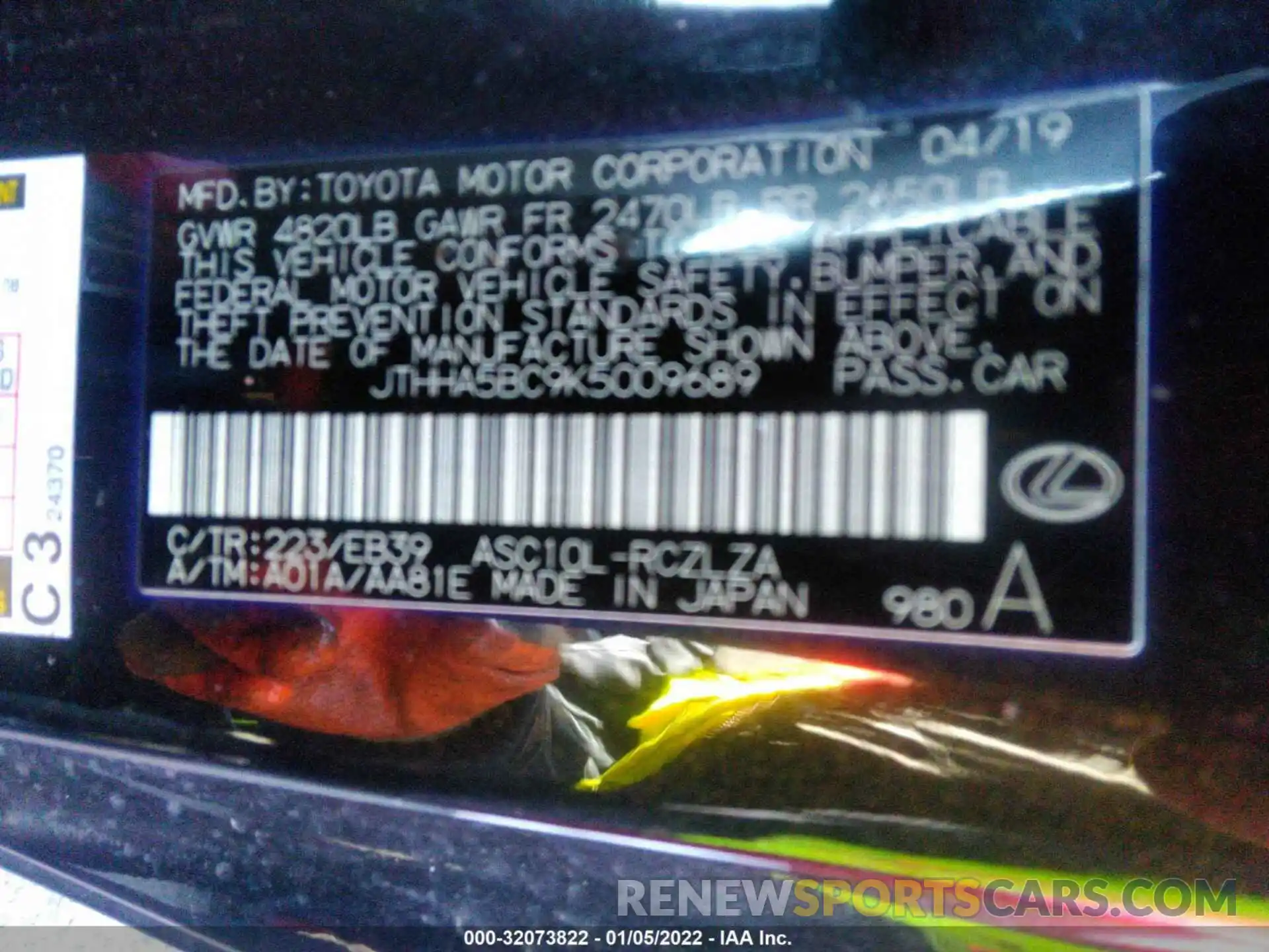 9 Photograph of a damaged car JTHHA5BC9K5009689 LEXUS RC 2019