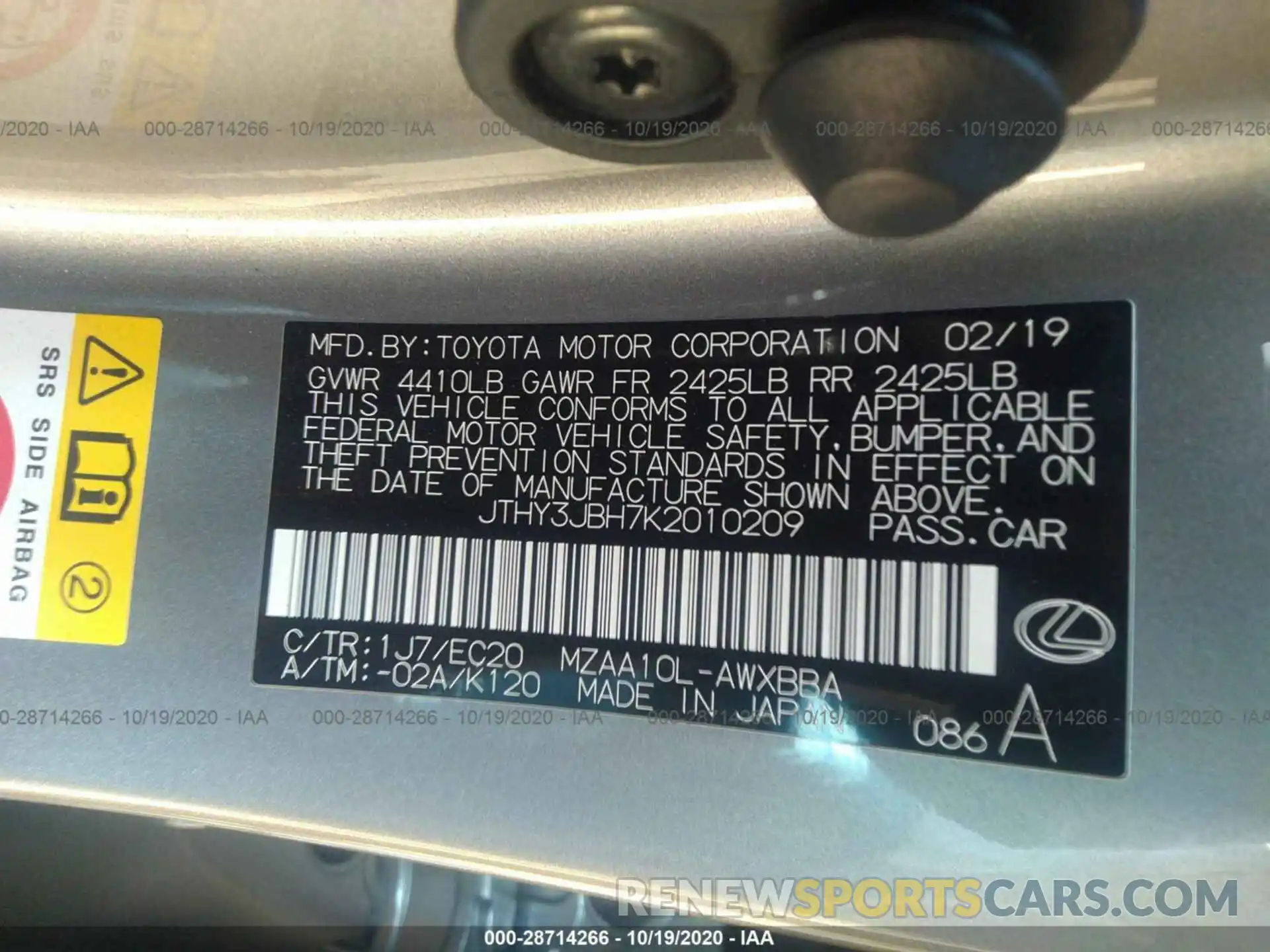 9 Photograph of a damaged car JTHY3JBH7K2010209 LEXUS UX 2019