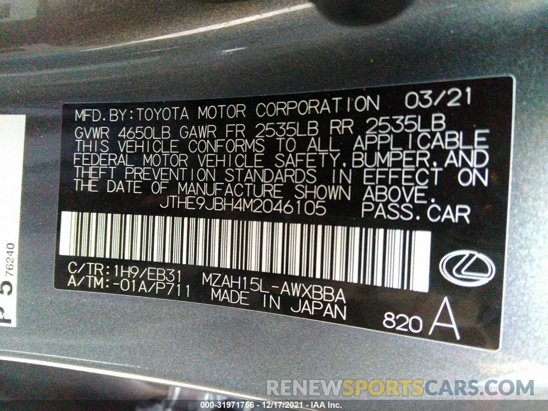 9 Photograph of a damaged car JTHE9JBH4M2046105 LEXUS UX 2021