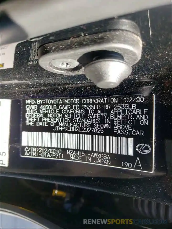 10 Photograph of a damaged car JTHP9JBHXL2027825 LEXUS UX 250H 2020