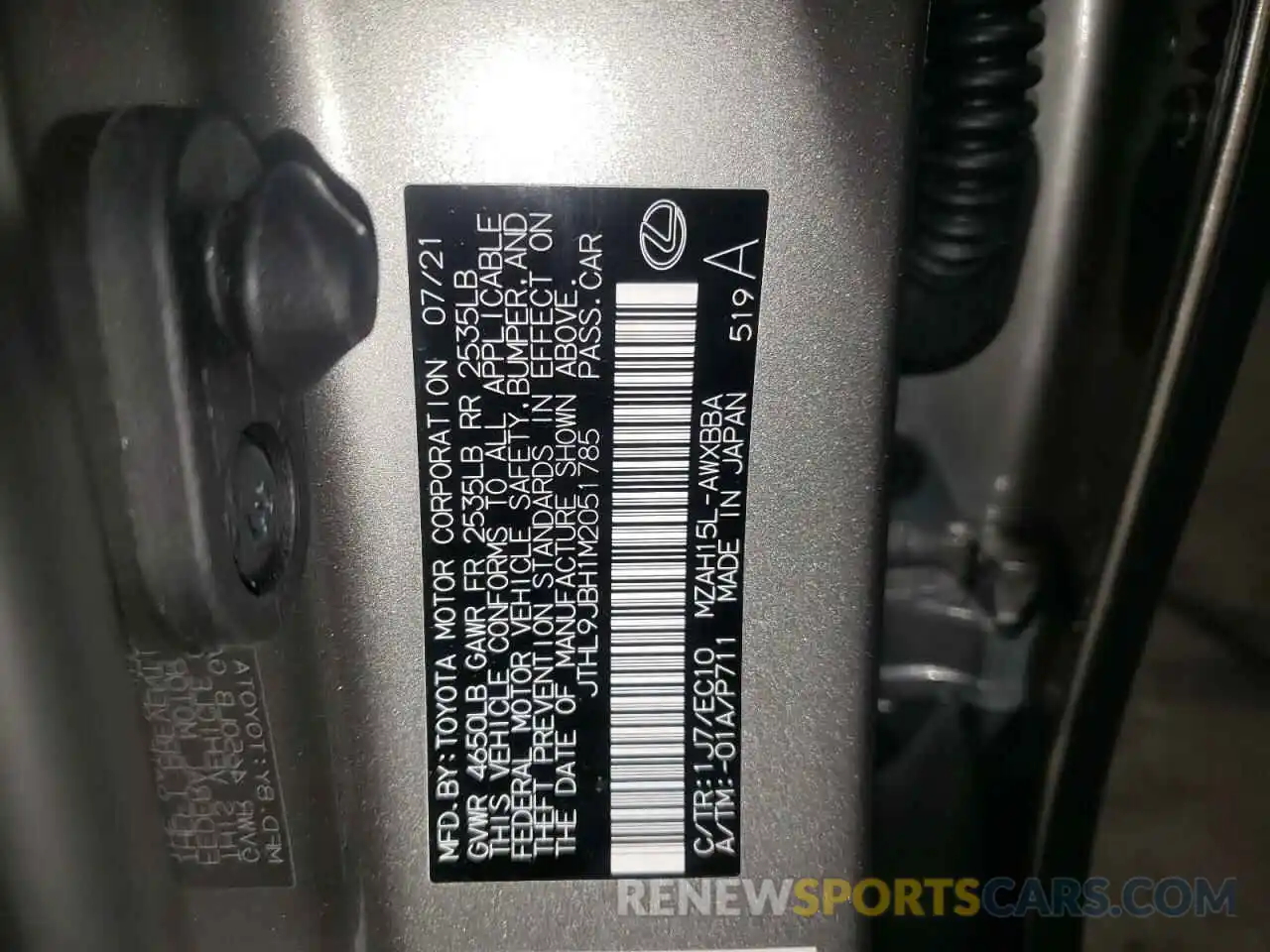 10 Photograph of a damaged car JTHL9JBH1M2051785 LEXUS UX 250H 2021