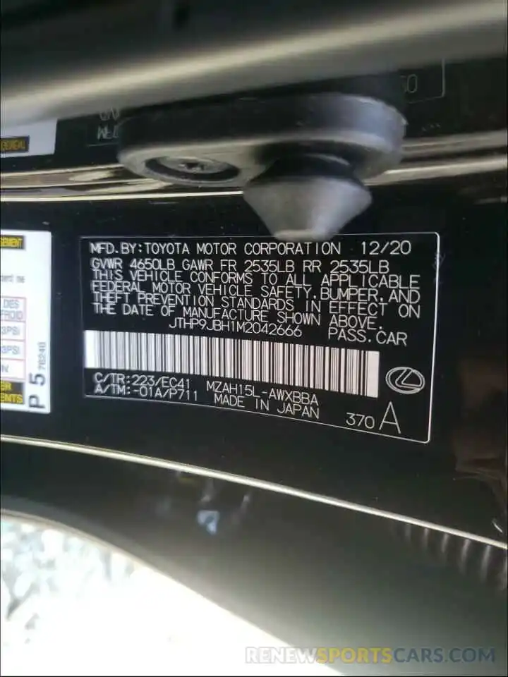 10 Photograph of a damaged car JTHP9JBH1M2042666 LEXUS UX 250H 2021