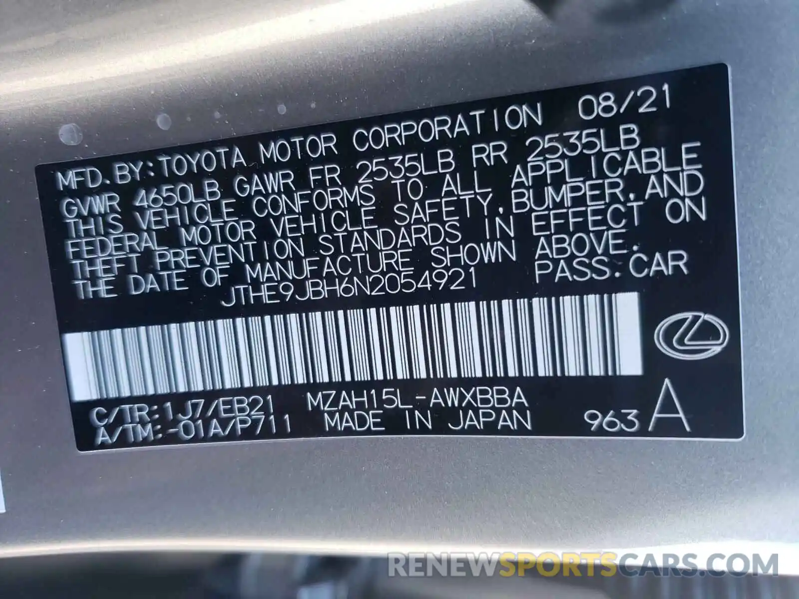 10 Фотография поврежденного автомобиля JTHE9JBH6N2054921 LEXUS UX 250H BA 2022