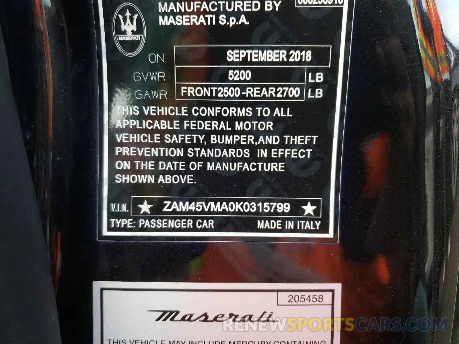 10 Photograph of a damaged car ZAM45VMA0K0315799 MASERATI ALL MODELS 2019