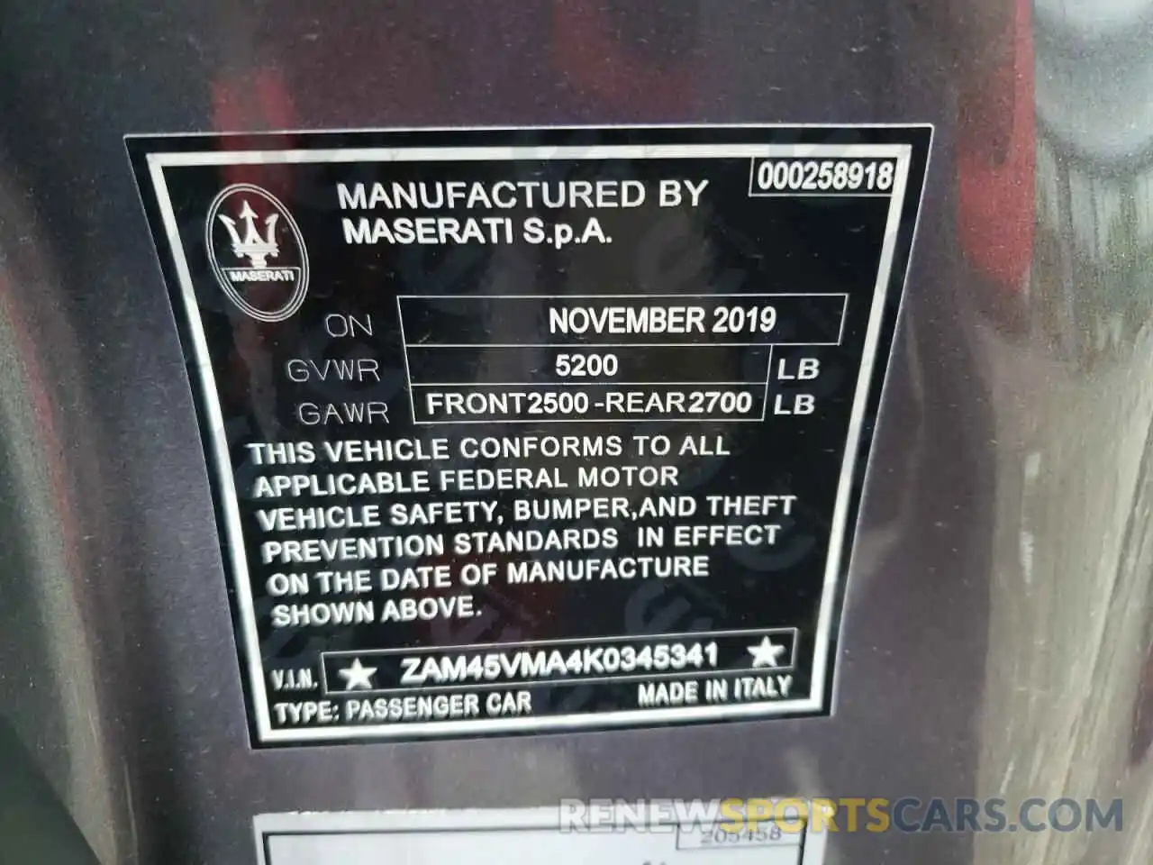 10 Photograph of a damaged car ZAM45VMA4K0345341 MASERATI ALL MODELS 2019