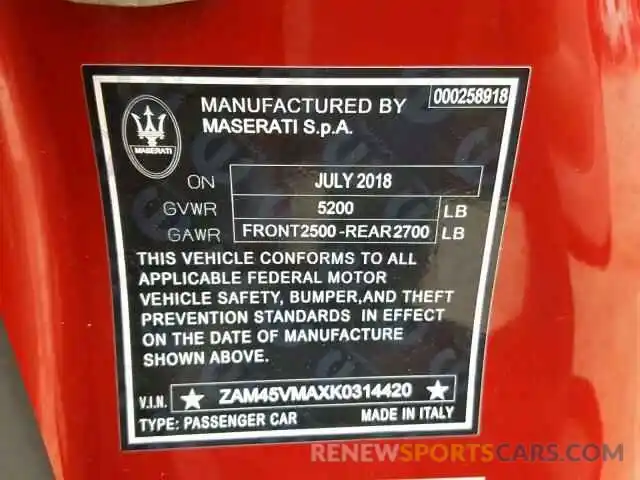 10 Photograph of a damaged car ZAM45VMAXK0314420 MASERATI ALL MODELS 2019