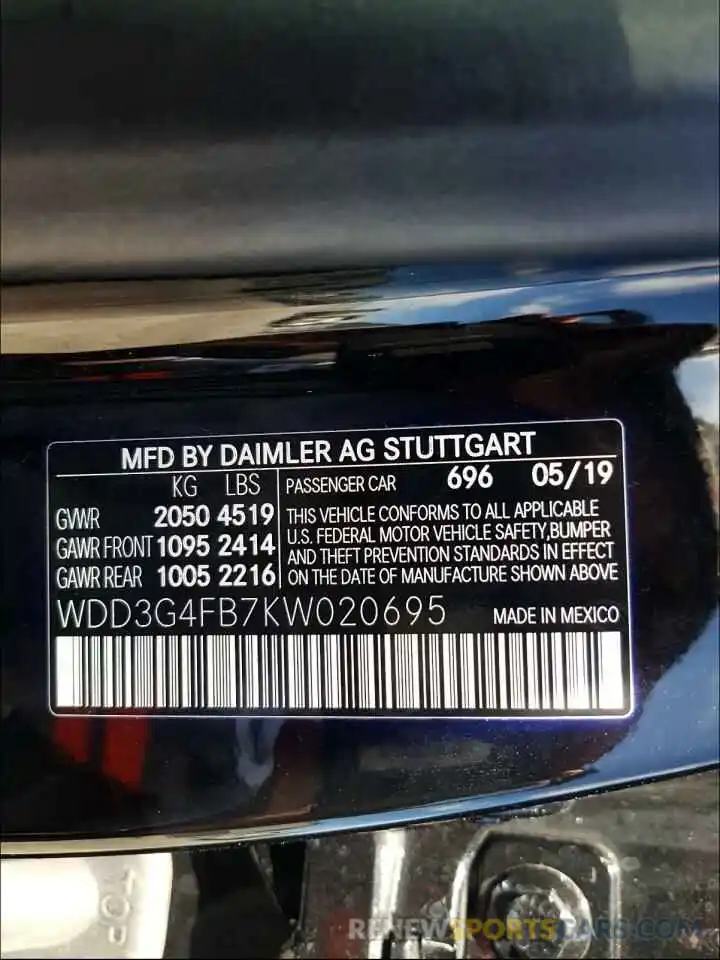 10 Фотография поврежденного автомобиля WDD3G4FB7KW020695 MERCEDES-BENZ A 220 2019