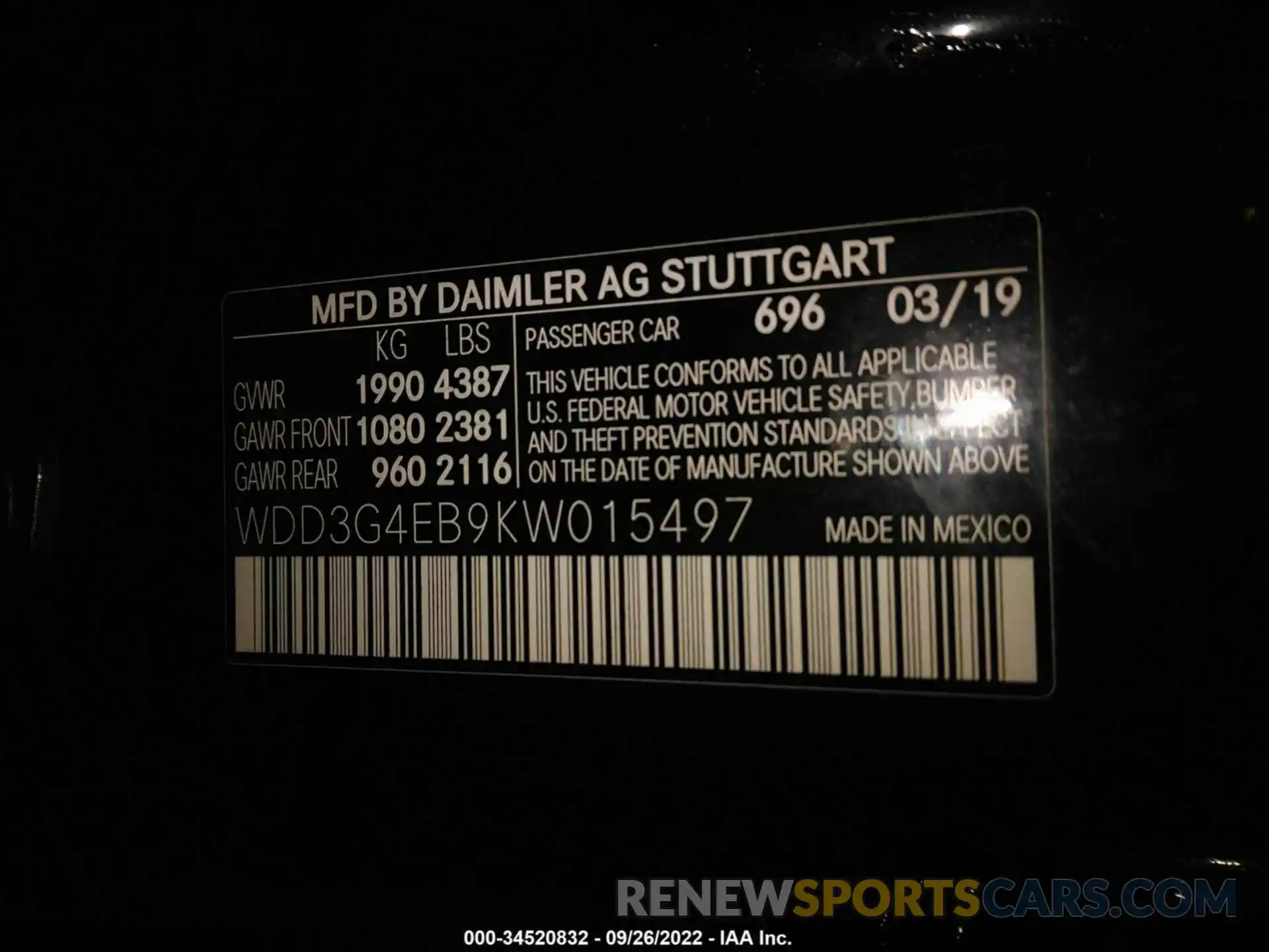 9 Photograph of a damaged car 00D3G4EB9KW015497 MERCEDES-BENZ A-CLASS 2019