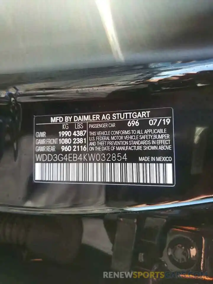 10 Photograph of a damaged car WDD3G4EB4KW032854 MERCEDES-BENZ A-CLASS 2019