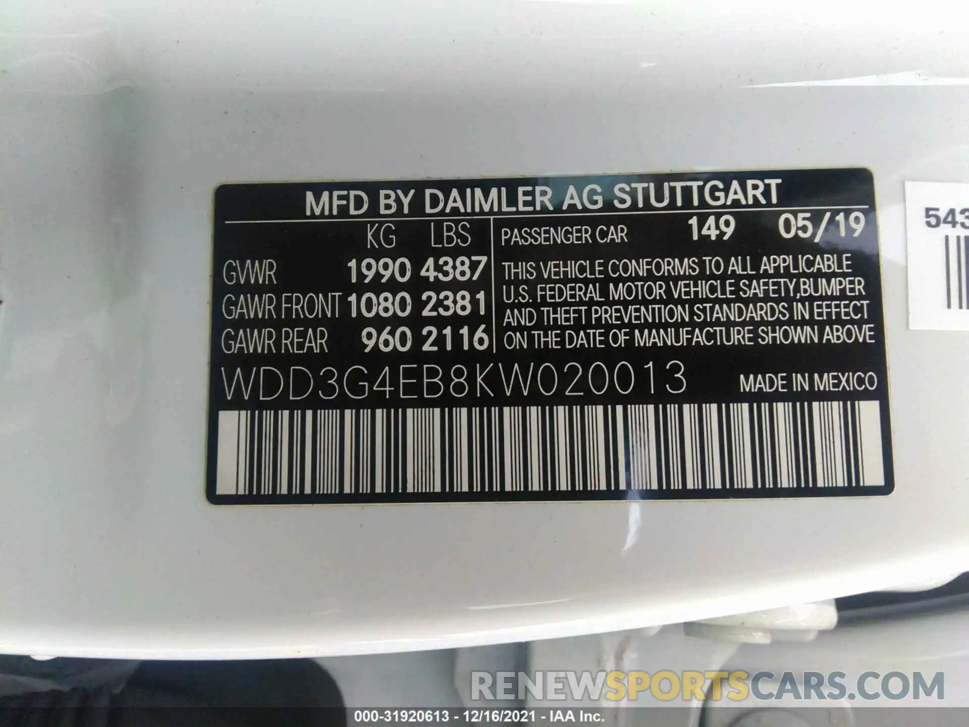 9 Фотография поврежденного автомобиля WDD3G4EB8KW020013 MERCEDES-BENZ A-CLASS 2019