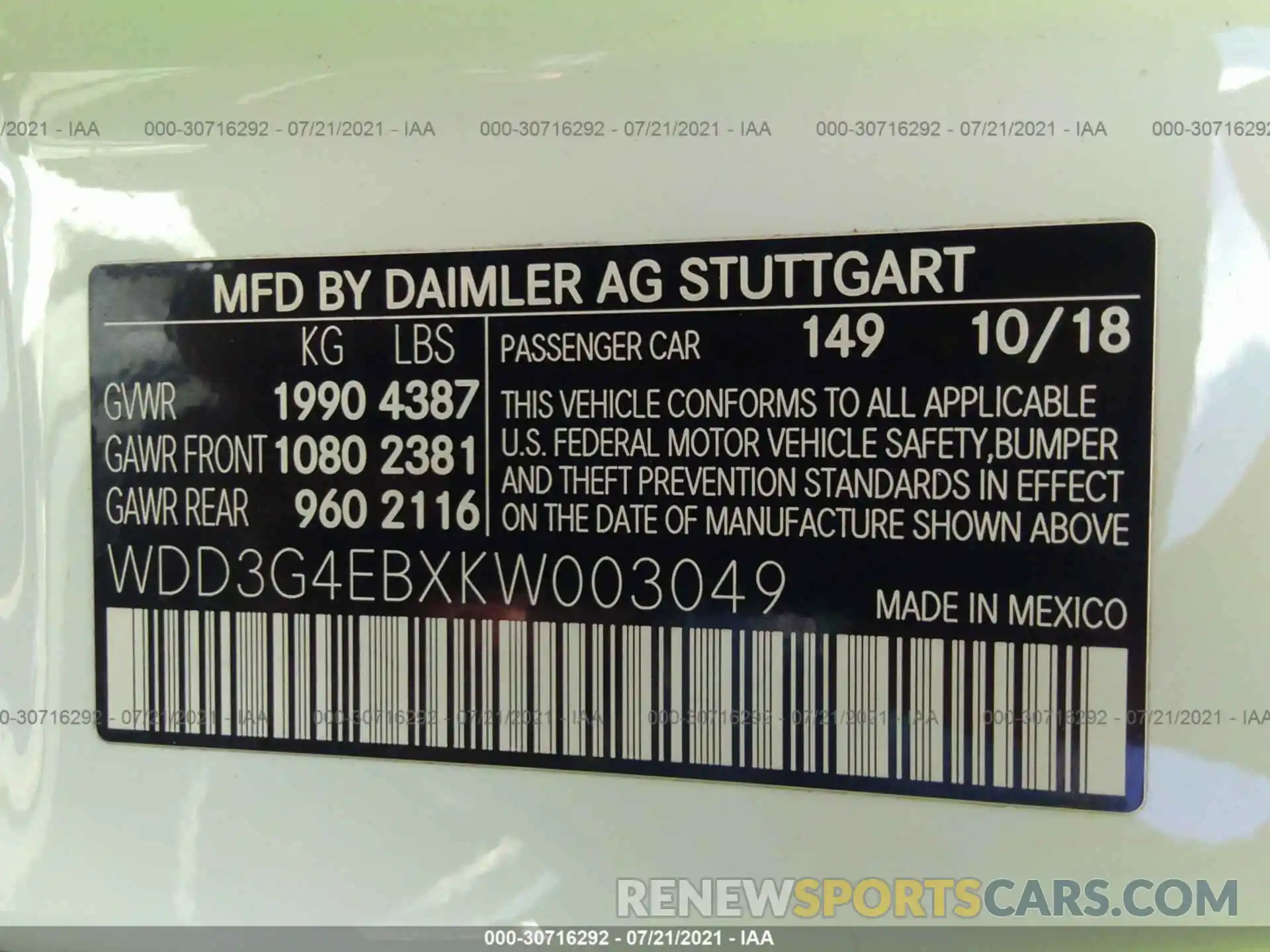 9 Photograph of a damaged car WDD3G4EBXKW003049 MERCEDES-BENZ A-CLASS 2019