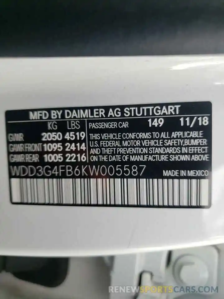 10 Фотография поврежденного автомобиля WDD3G4FB6KW005587 MERCEDES-BENZ A-CLASS 2019