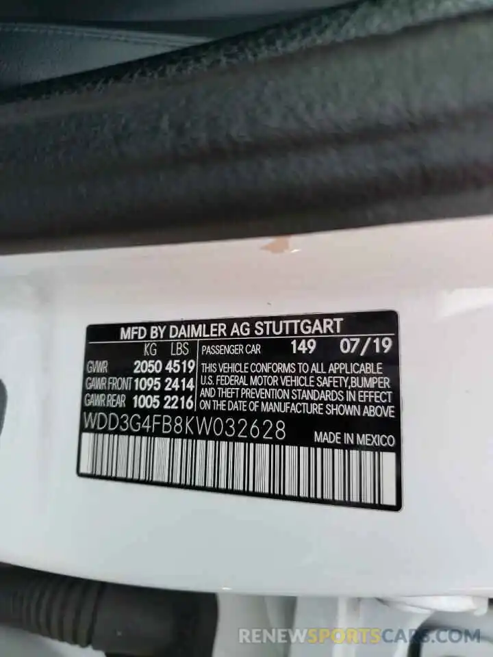 10 Photograph of a damaged car WDD3G4FB8KW032628 MERCEDES-BENZ A-CLASS 2019