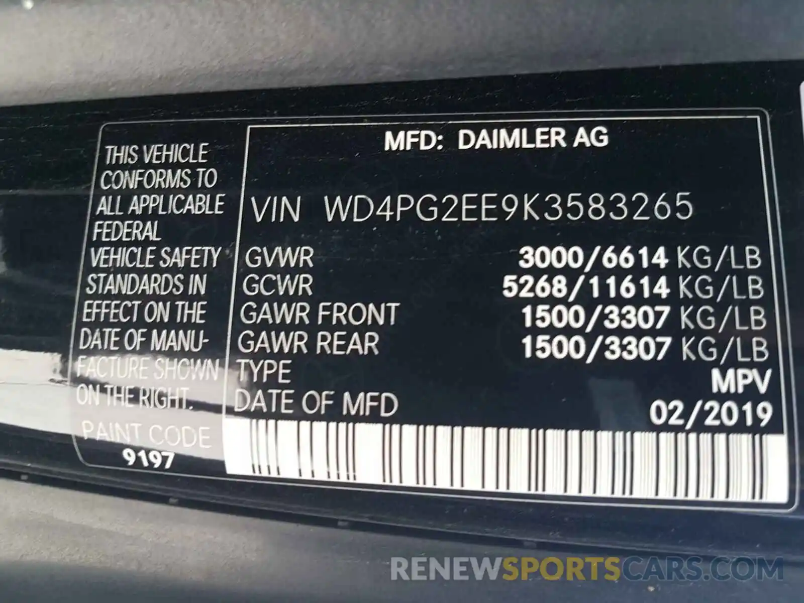 10 Photograph of a damaged car WD4PG2EE9K3583265 MERCEDES-BENZ ALL OTHER 2019