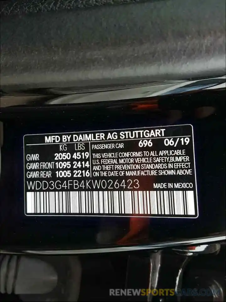 10 Photograph of a damaged car WDD3G4FB4KW026423 MERCEDES-BENZ ALL OTHER 2019