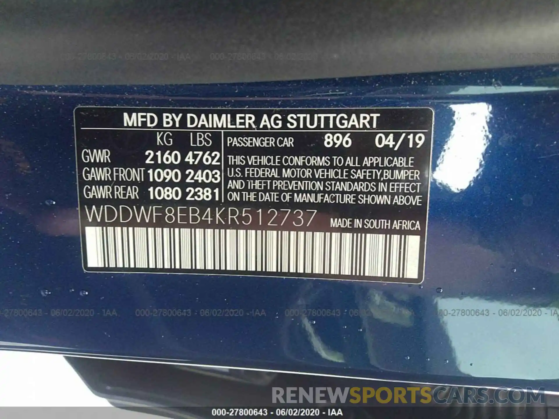 9 Фотография поврежденного автомобиля WDDWF8EB4KR512737 MERCEDES-BENZ C 2019