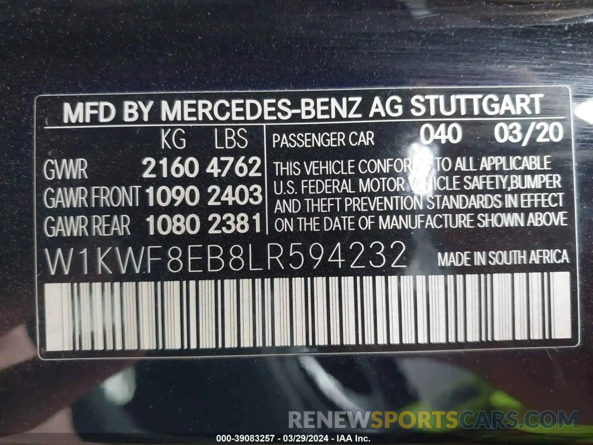 9 Фотография поврежденного автомобиля W1KWF8EB8LR594232 MERCEDES-BENZ C 2020