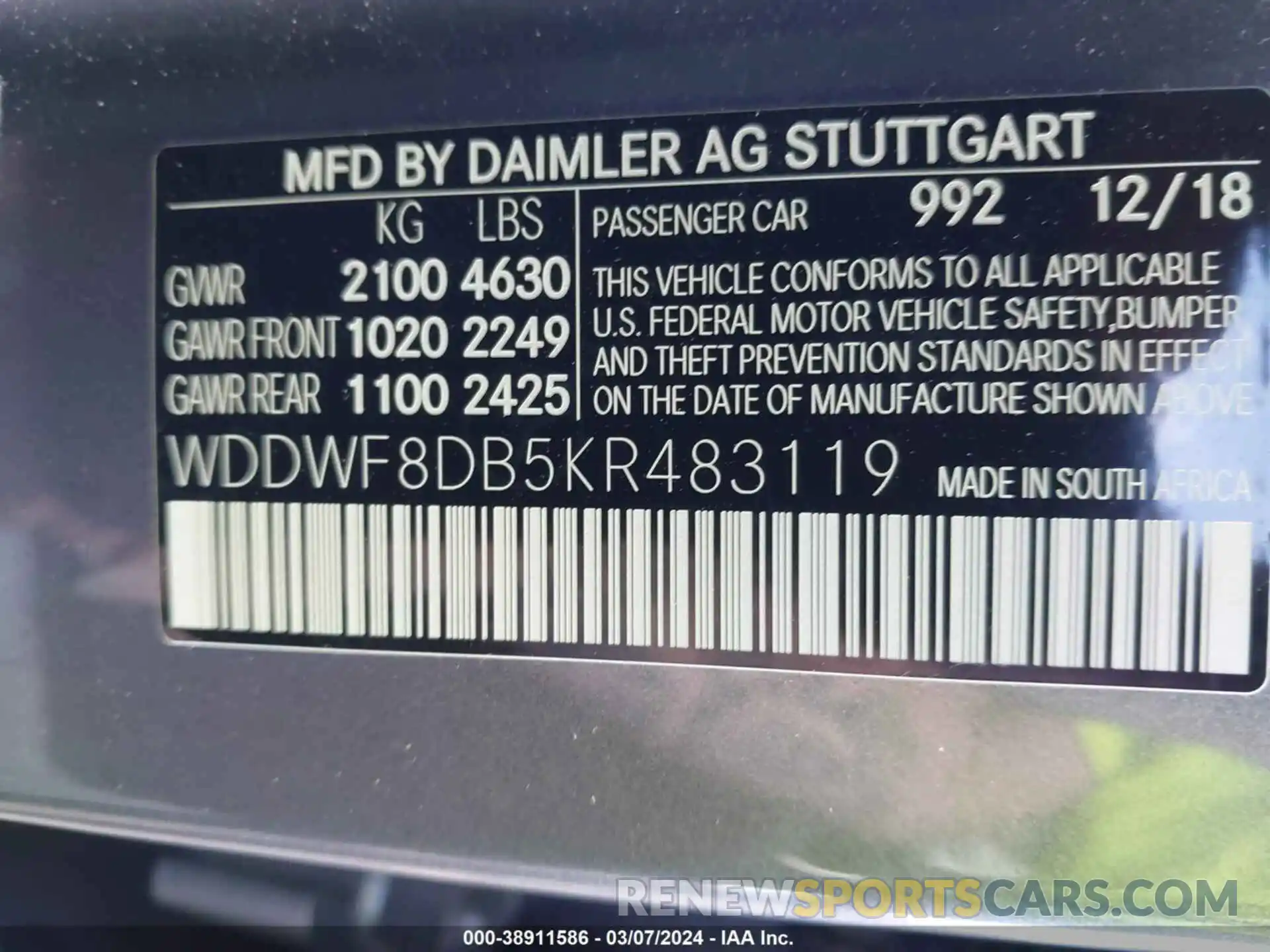 9 Фотография поврежденного автомобиля WDDWF8DB5KR483119 MERCEDES-BENZ C 300 2019