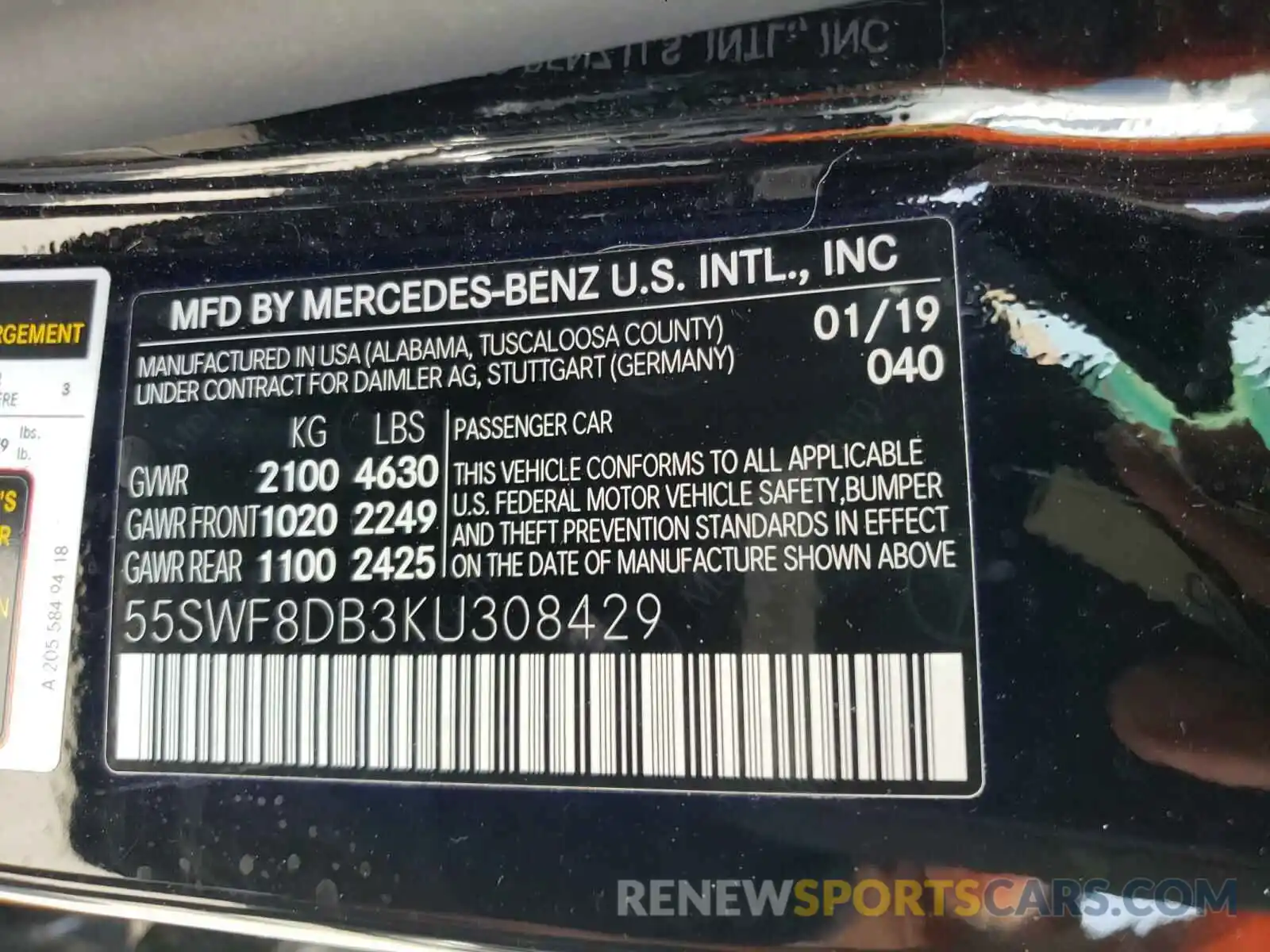 10 Photograph of a damaged car 55SWF8DB3KU308429 MERCEDES-BENZ C CLASS 2019