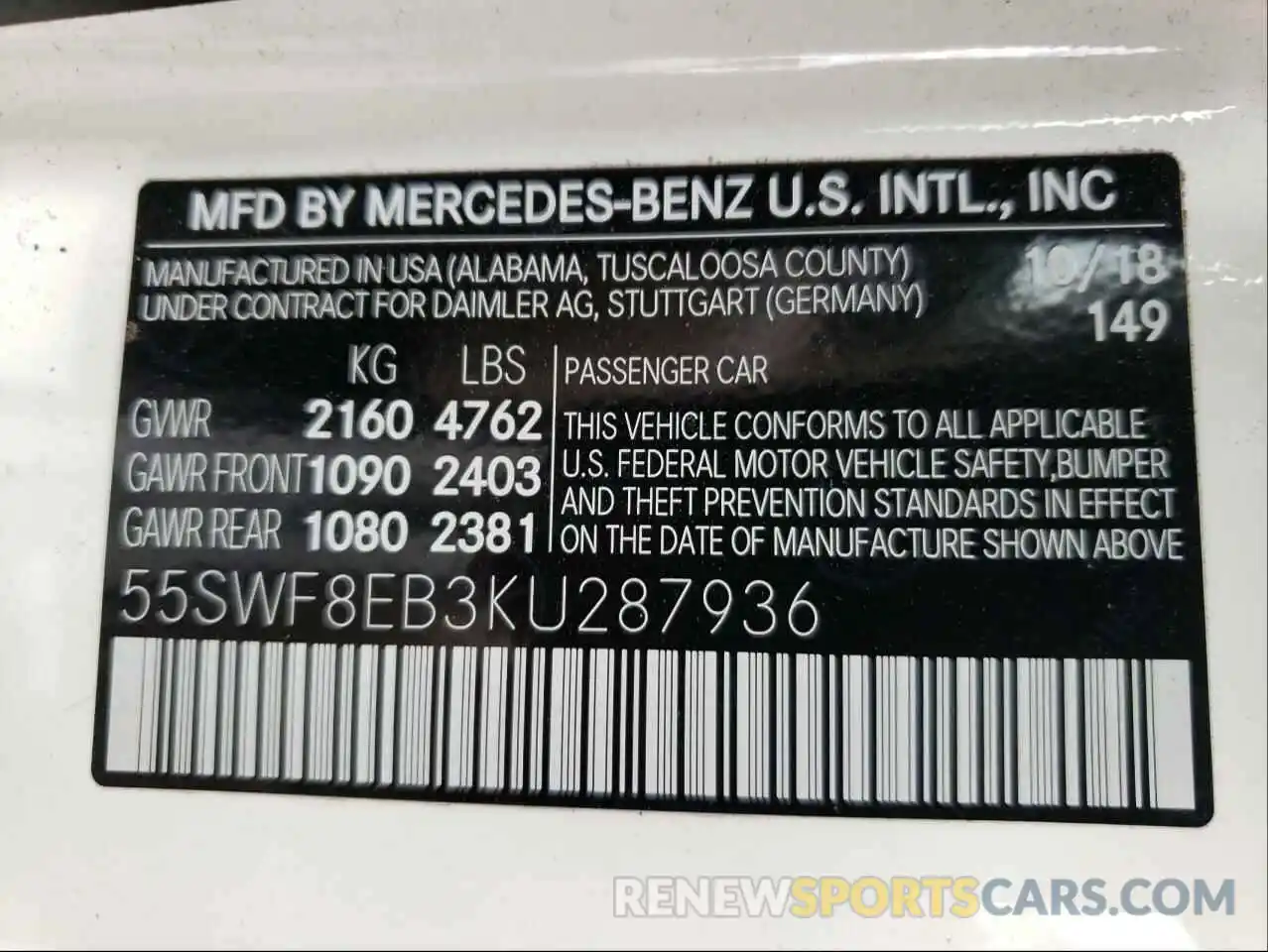 10 Photograph of a damaged car 55SWF8EB3KU287936 MERCEDES-BENZ C-CLASS 2019